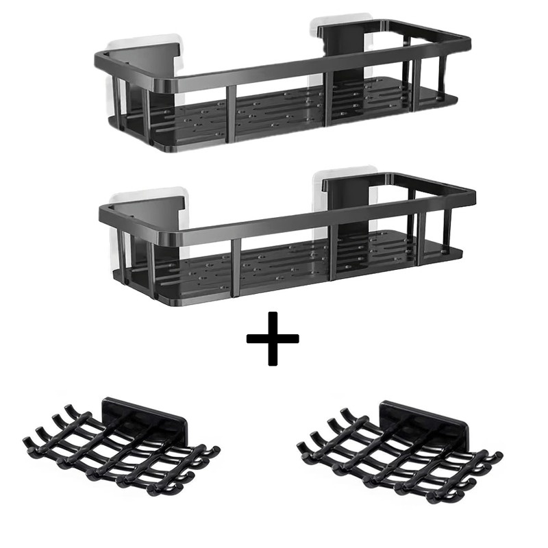 TEMU 4pcs Black Non-perforated Wall-mounted Storage Rack, Heavy-duty Plastic Organizer With Hooks, Space-saving Wall-mounted Storage Rack, Suitable