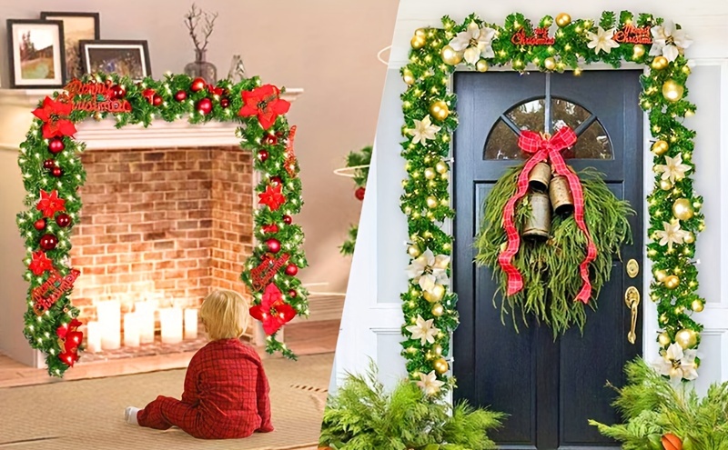 christmas fireplace decor   106 inch pvc greenery garland with red berries pinecones and lights plastic festive mantel decoration for hotel mall doorway staircase aa battery powered non rechargeable details 9