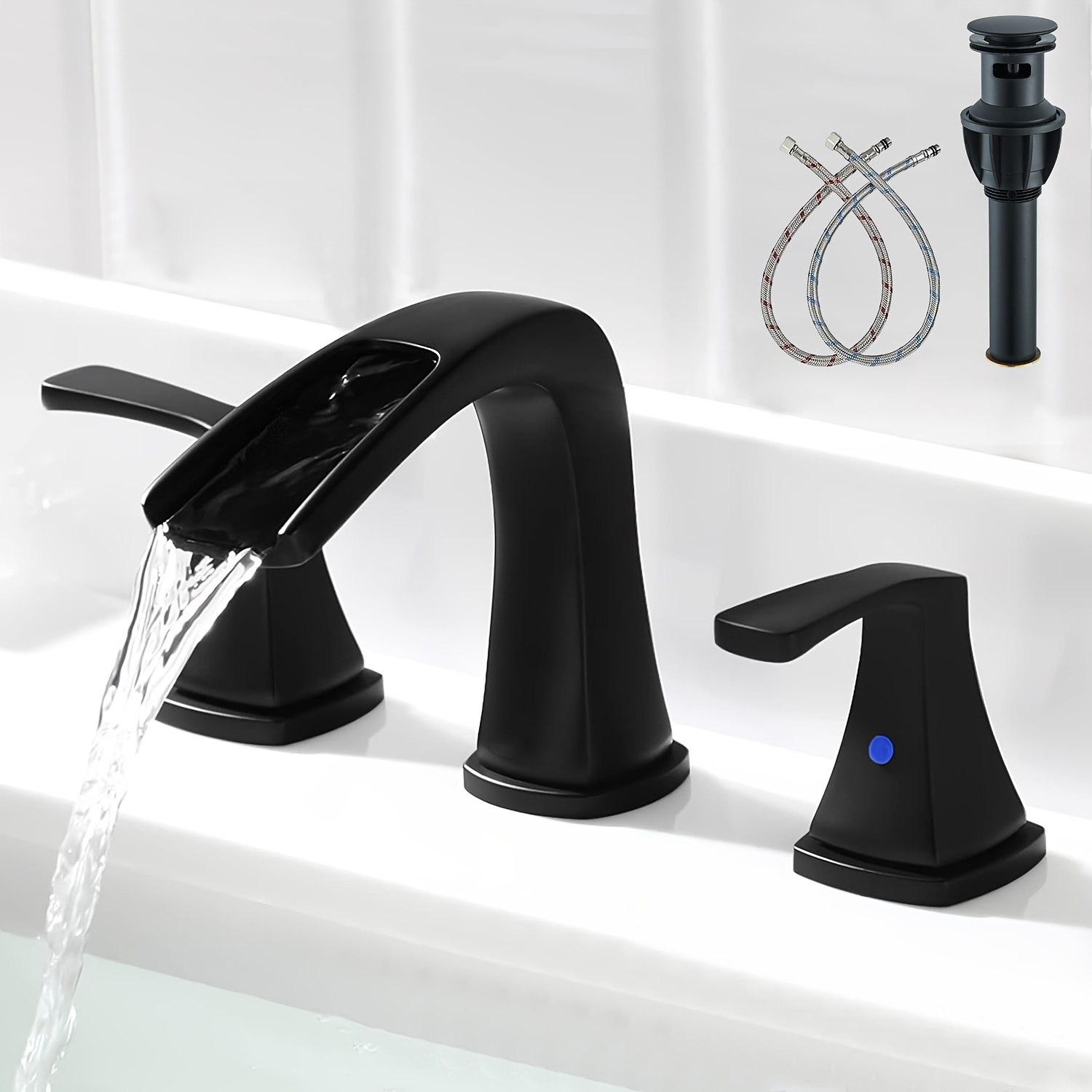 8" Widespread Waterfall Bathroom Faucet - 360° Swivel with Pop-Up Drain