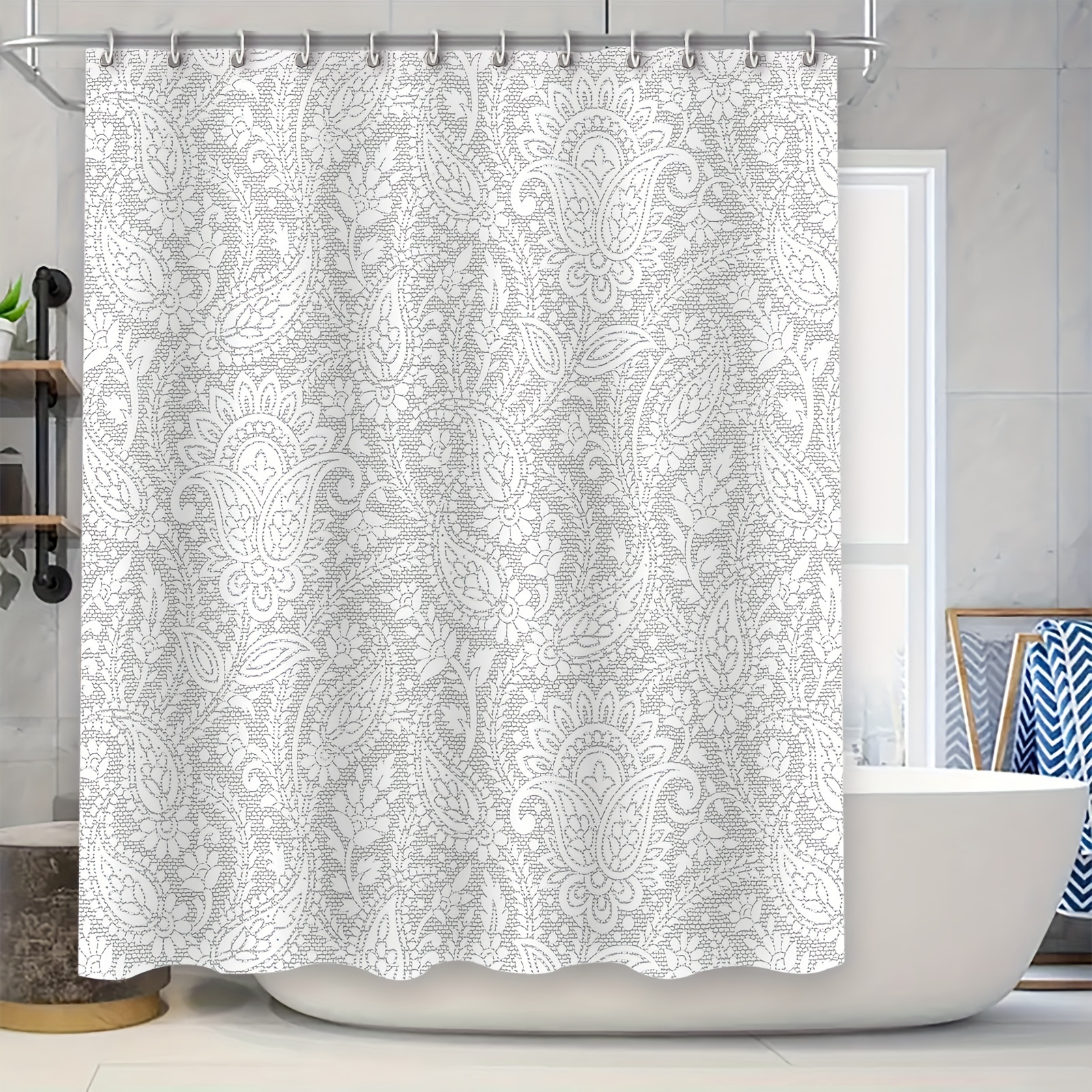 

1pc White Lace Floral Pattern Shower Curtain With Hooks, Waterproof Bathroom Partition Curtain, Bathroom Accessories, Home Decor