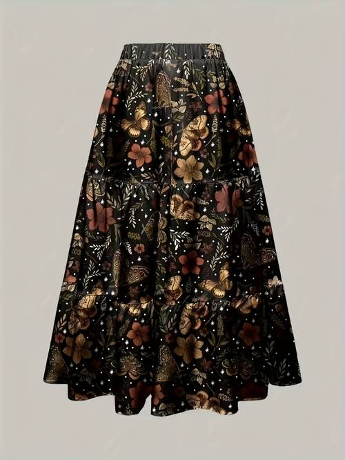 autumn winter vacation hippie all womens a line skirt with plants leaves and mushrooms