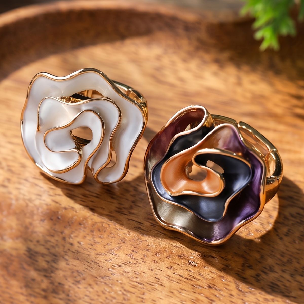 Women's 2pcs Plated Enamel Flower Adjustable Ring Set