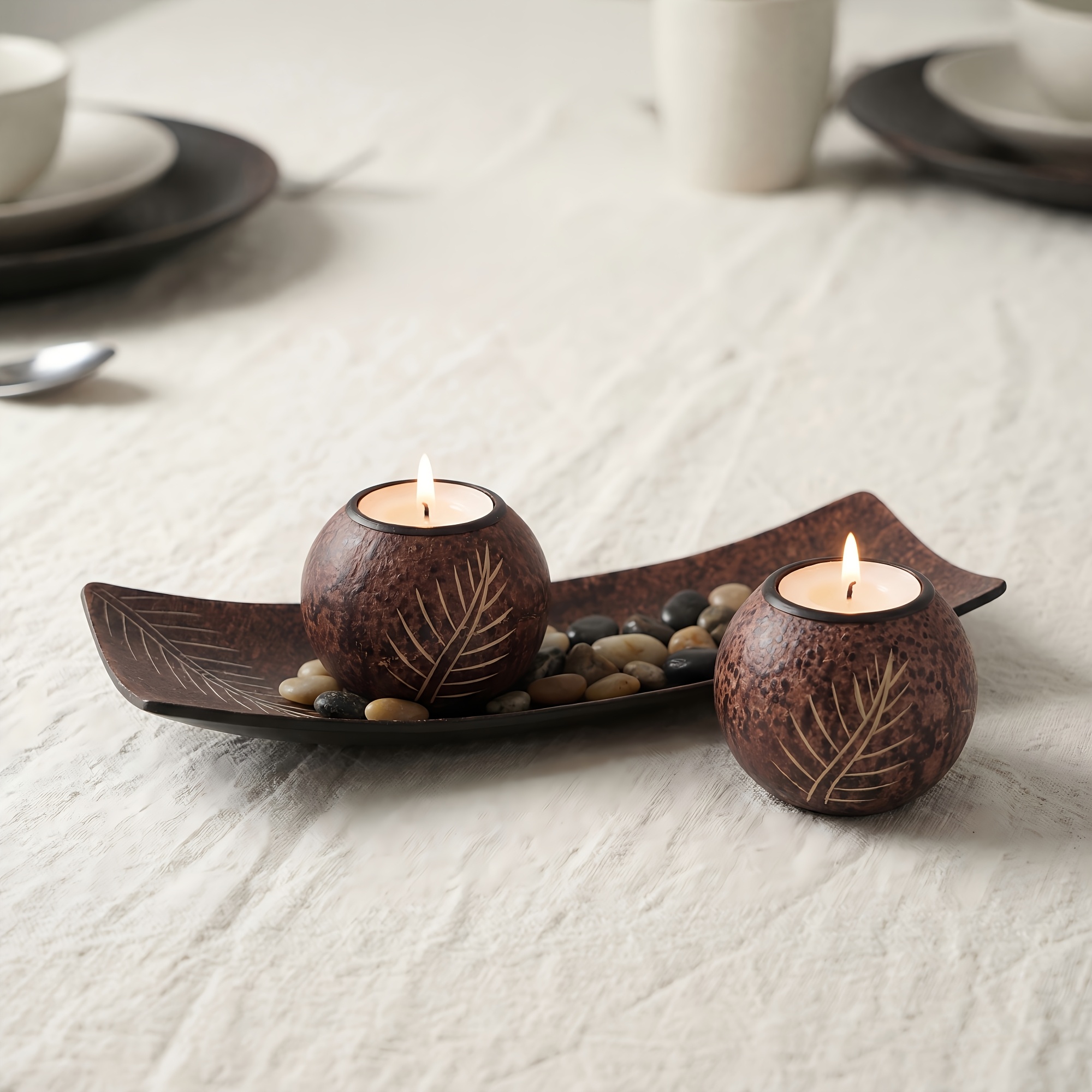 1 Set of Silent Wind Candle Holder Retro Coconut Shell Leaf Pattern Tea Candle Holder Homestay Atmosphere Home Decorative Ornaments Holiday Party Desktop Center Decorations (Delivery Without Candles)