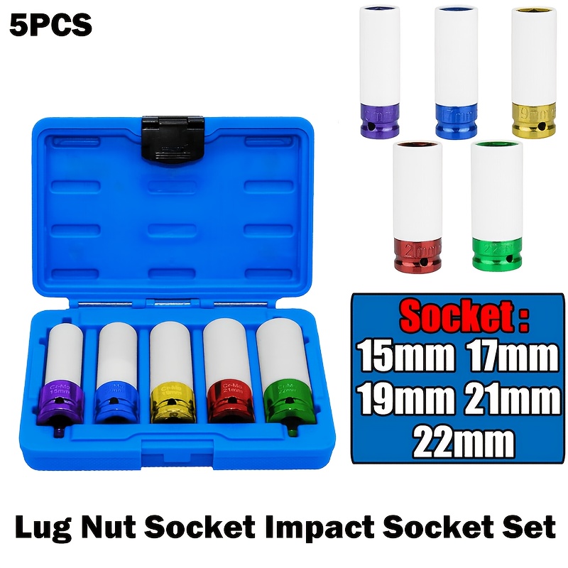 TEMU 5pcs 1/2" 15mm 17mm 19mm 21mm 22mm Impact Drive Socket Set, Socket, Thin-walled Wheel Rim Protectors Tool, Non-marring Impact Socket