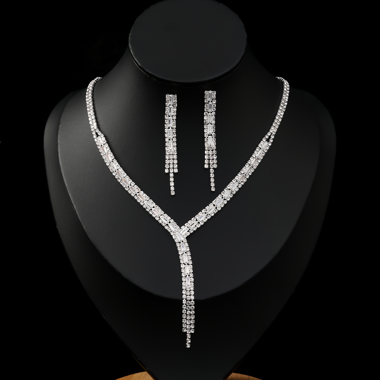 TEMU 2pcs Exquisite Elegant Y-shaped Tassel Jewelry Set Women's Necklace And Drop Earrings, Sparkling Evening Bride Additions, Perfect Birthday Or