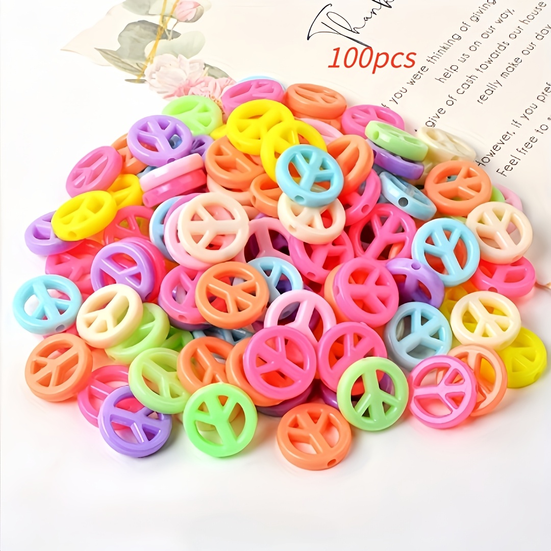 Image of 100pcs Vibrant Acrylic Peace Sign Beads, 14mm - Multicolor Assortment For Jewelry Making, Ideal For Bracelet And Necklace Crafting