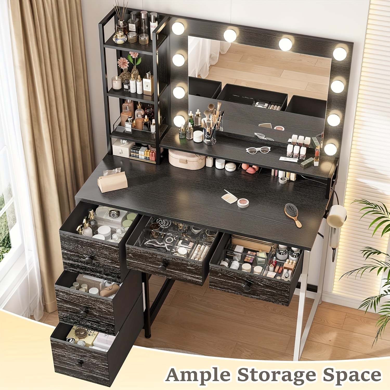 Vanity Desk with Lights, Makeup Vanity with Power Strip, Dressing Table Set with 5 Large Drawers, Vanity Mirror 3 Lighting Color Adjustable