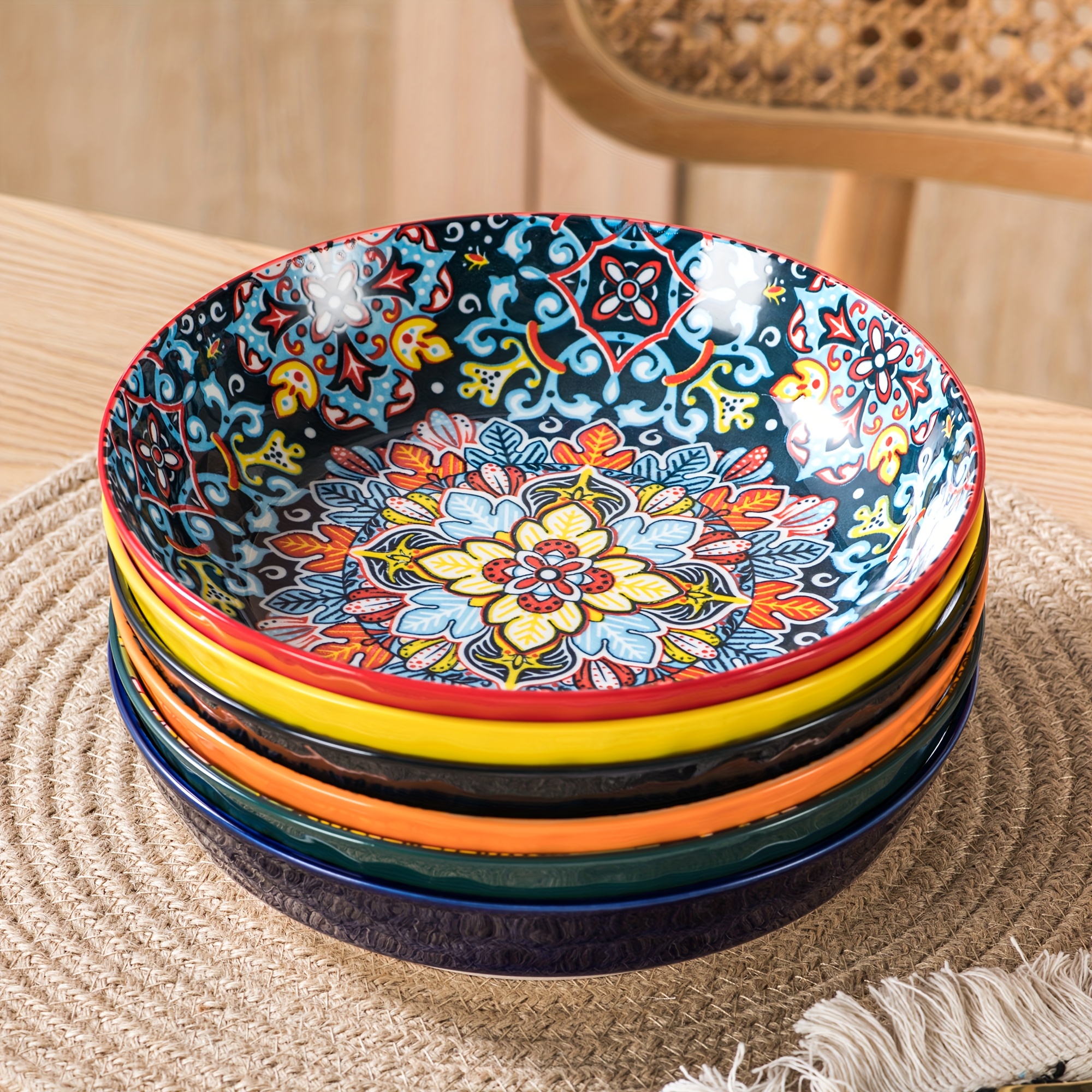 TEMU 6pcs Bohemian Ceramic Pasta Bowls Set | Porcelain Salad And Oatmeal Serving Bowls, Microwave & Dishwasher Safe, Mixed Colors, Vancasso