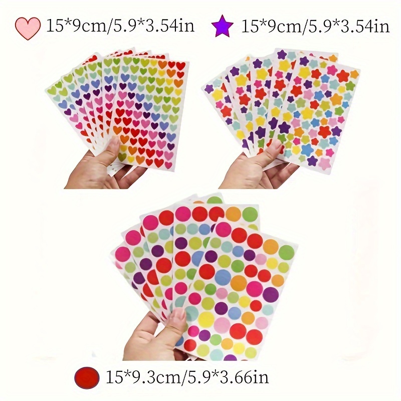 18 Sheets, 1512 Count Colorful Heart, Star, and Dot Stickers - Paper Adhesive Seals for Scrapbooking and DIY Crafts, Single Use, Glossy Finish