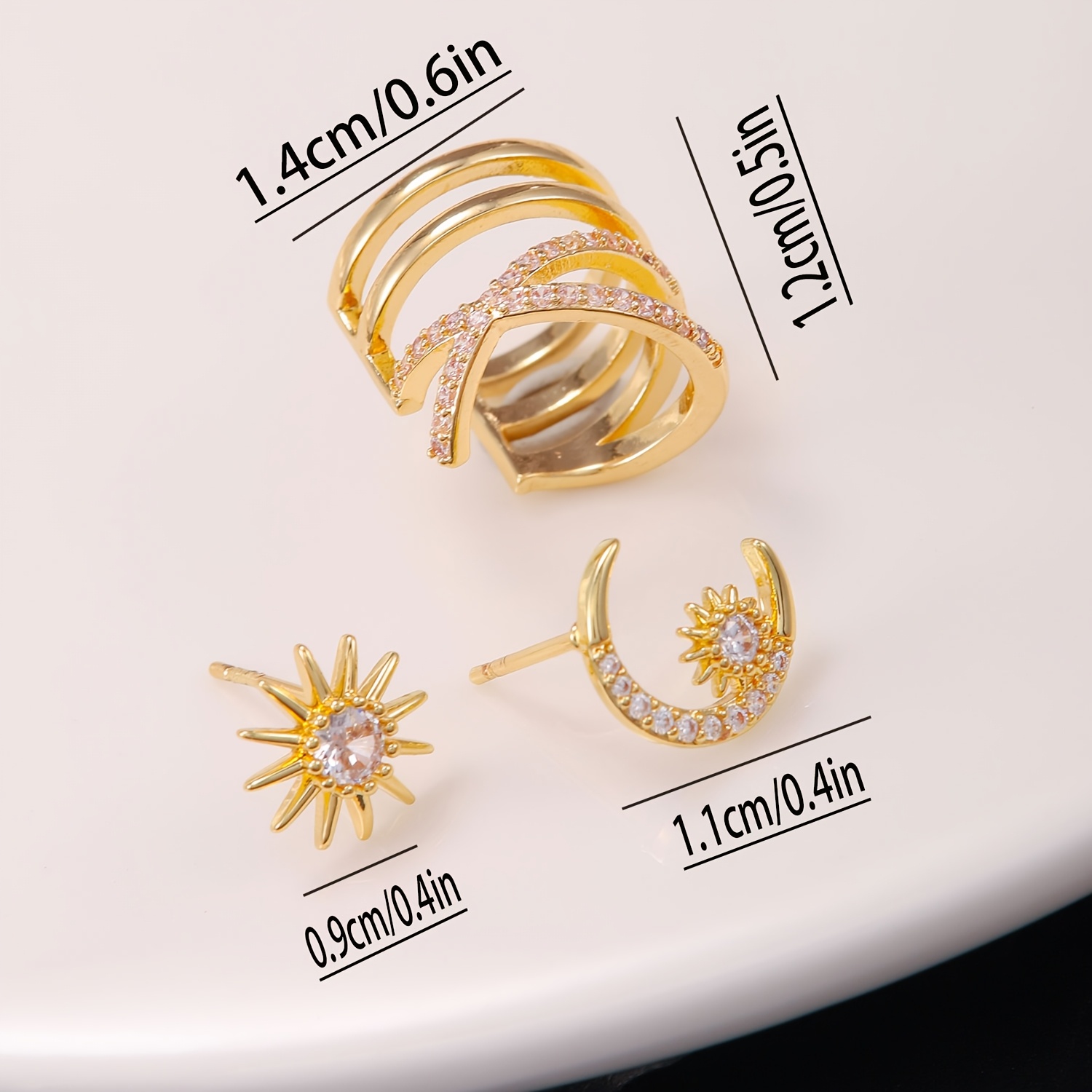 3pcs Bohemian Star Moon Sun Ear Studs Set with Zirconium Inlay