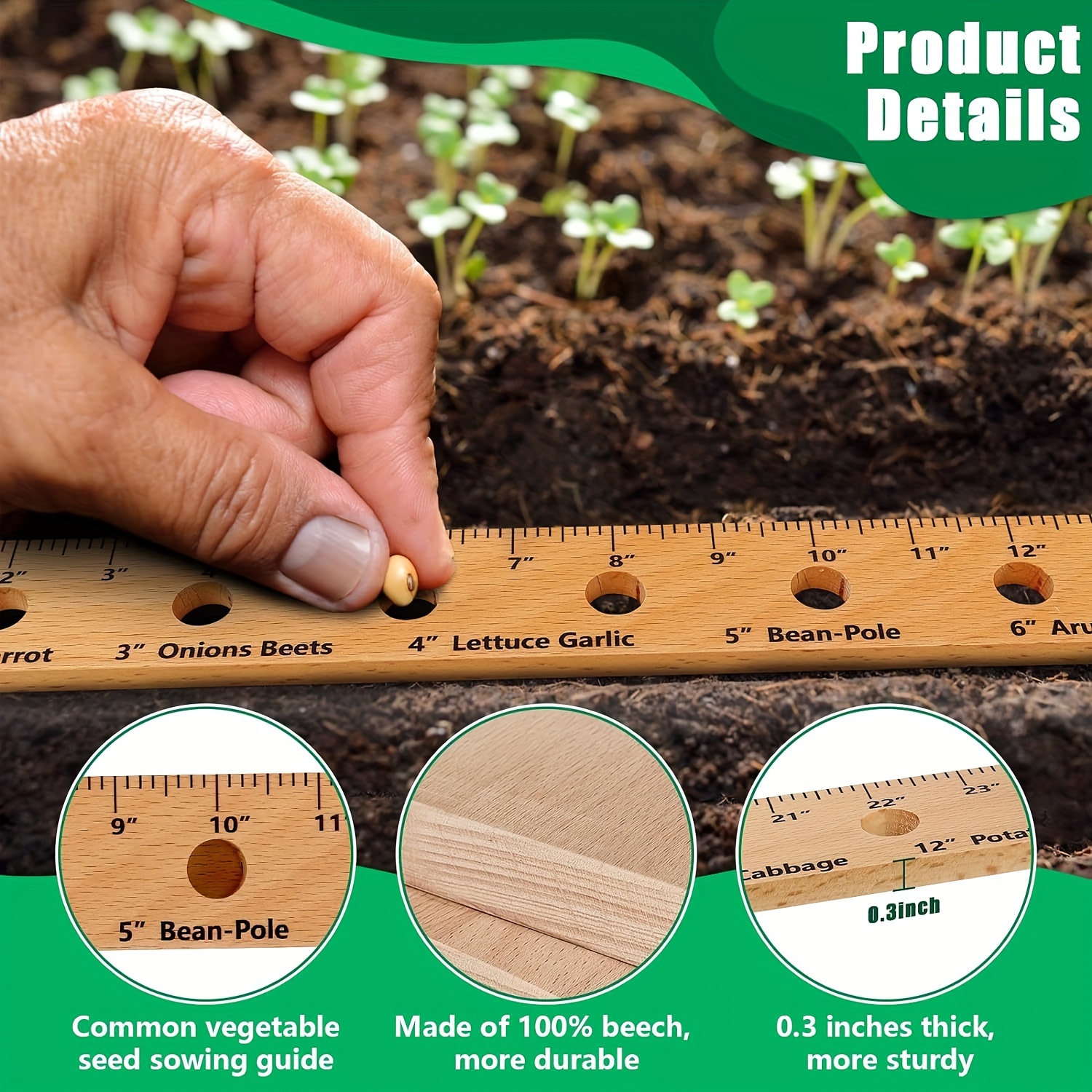 

1pc Wooden Garden Planting Ruler - Portable, Foldable With Seed Spacing Holes For Precise Sowing