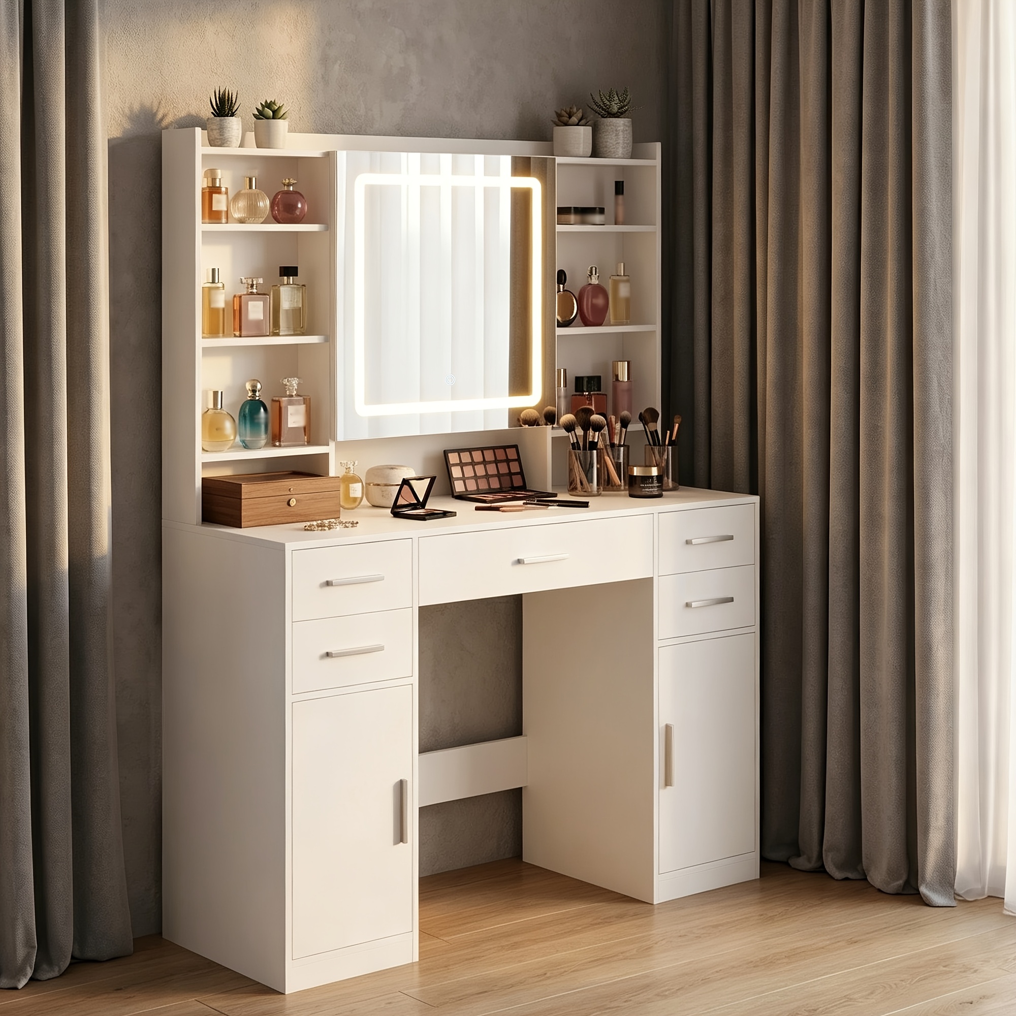 TEMU White Bedroom Dressing Table: The Pain Cluttered Storage. Features A Mirror With Hidden Shelves, 5 Drawers + 2 Cabinets + 9 Open Shelves. Modern