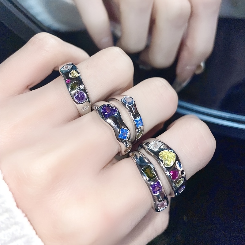 TEMU Set Of 5 Open-ended Rings, Colorful Synthetic Inlay, Fashionable Women's Stackable Rings