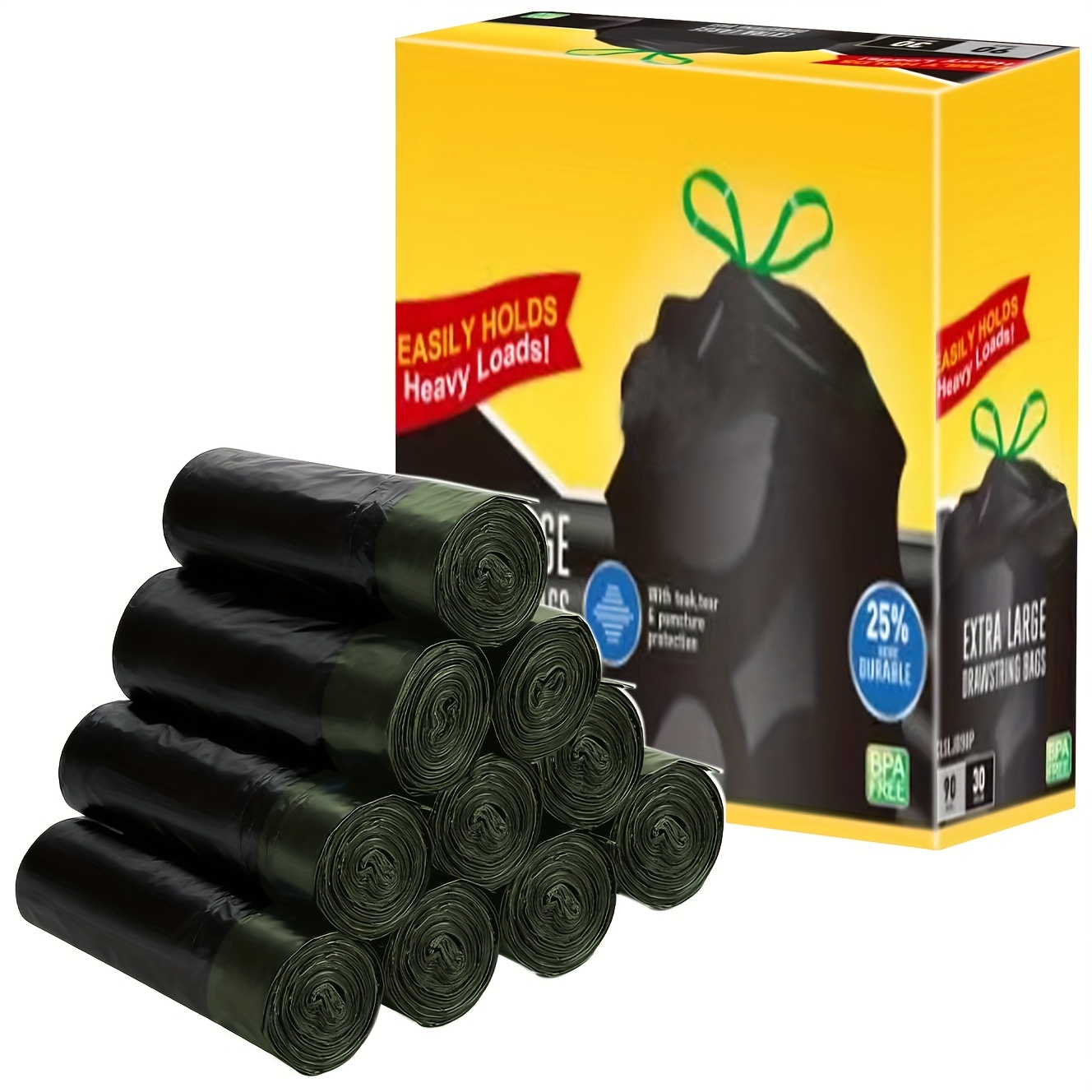 30 Gallon Heavy Duty Industrial Garbage Bags, Tear-Resistant, Odorproof, 90 Count (3 Rolls) Drawstring Black Trash Bags for Commercial, Gard