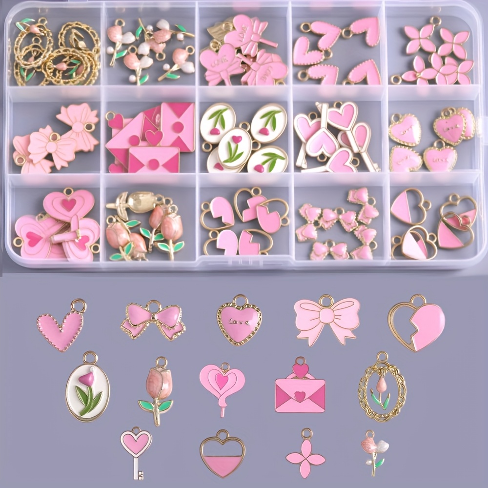 15-Slot New Multi-Color Rose Flower Hollow Heart Bow Keychain Pendant Alloy DIY Jewelry Necklace Bracelet Accessory