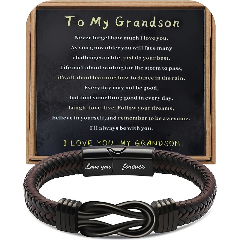 TEMU Men's Knotted Bracelet Gift | Brown Braided Faux Leather Infinity Bracelet Engraved With "" For , Grandsons, Husbands, , Brothers - A Forever