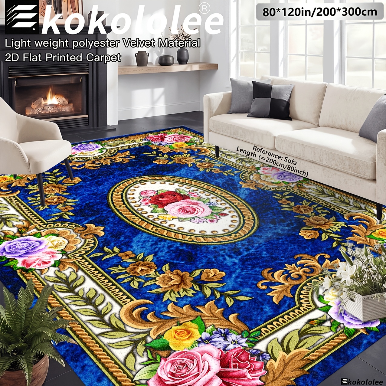 TEMU 1 stuks Luxe Velvet Vloerkleed - Blauw Boheems Bloemmotief, Antislip Achterkant Machinewasbaar 100% Polyestervezel - Perfect voor Gebieden met