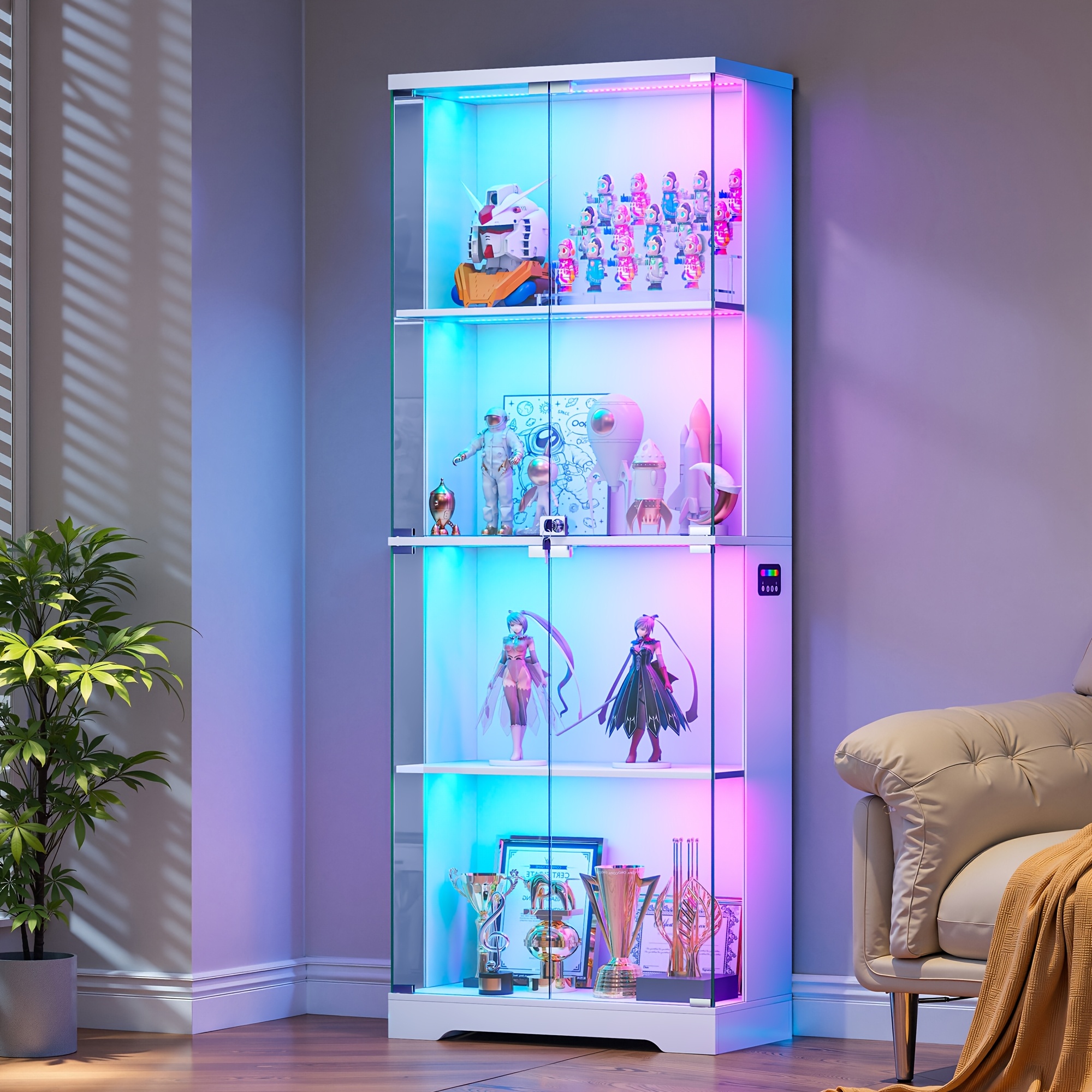 TEMU Hwb Display Cabinet With Glass Doors, 66.9'' Tall Cabinet With Rgb Lights For Collectibles, Led Display Case With Human Body For