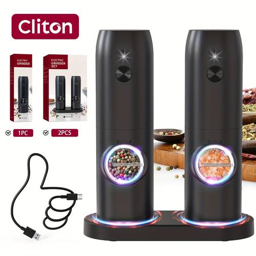 1pc/2pcs Electric Salt and Pepper Grinder Set, Rechargeable Automatic Pepper Mill Grinder with LED Light, Adjustable Coarseness Shakers, One-Hand Operation for Kitchen