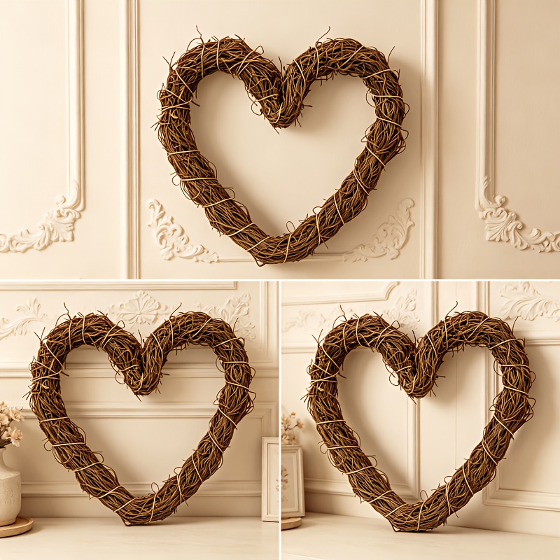 TEMU 3pcs Set Of Artificial Rattan Heart-shaped Wreaths, Rustic Style Front Door And Wall Hanging Decorations, Suitable For Valentine&;s Day,