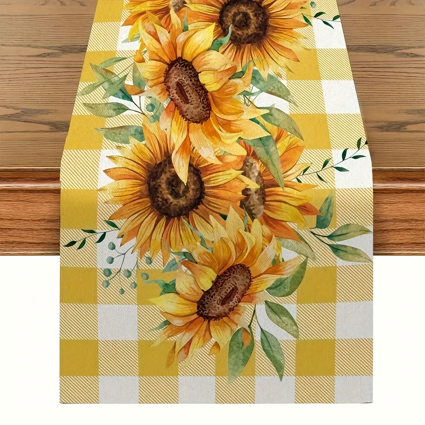

1pc, Table Runner, Polyester Sunflower & Bee Design Table Runner, Yellow And White Checkered Design, Heat Resistant Table Runner, For Summer Party, Outdoor Dining, And Travel