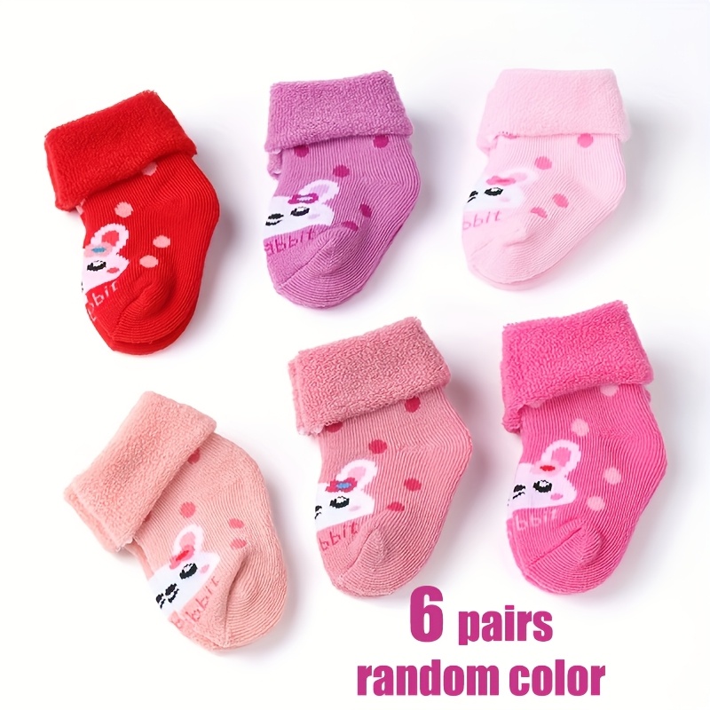 Image of 3-pair/6-pair Random Color Terrycloth Girls' Socks With Cute Cartoon Rabbit Pattern, Thickened Warm Socks For Baby Girls, Skin-friendly And Soft, Essential For Winter, Suitable For Daily Wear
