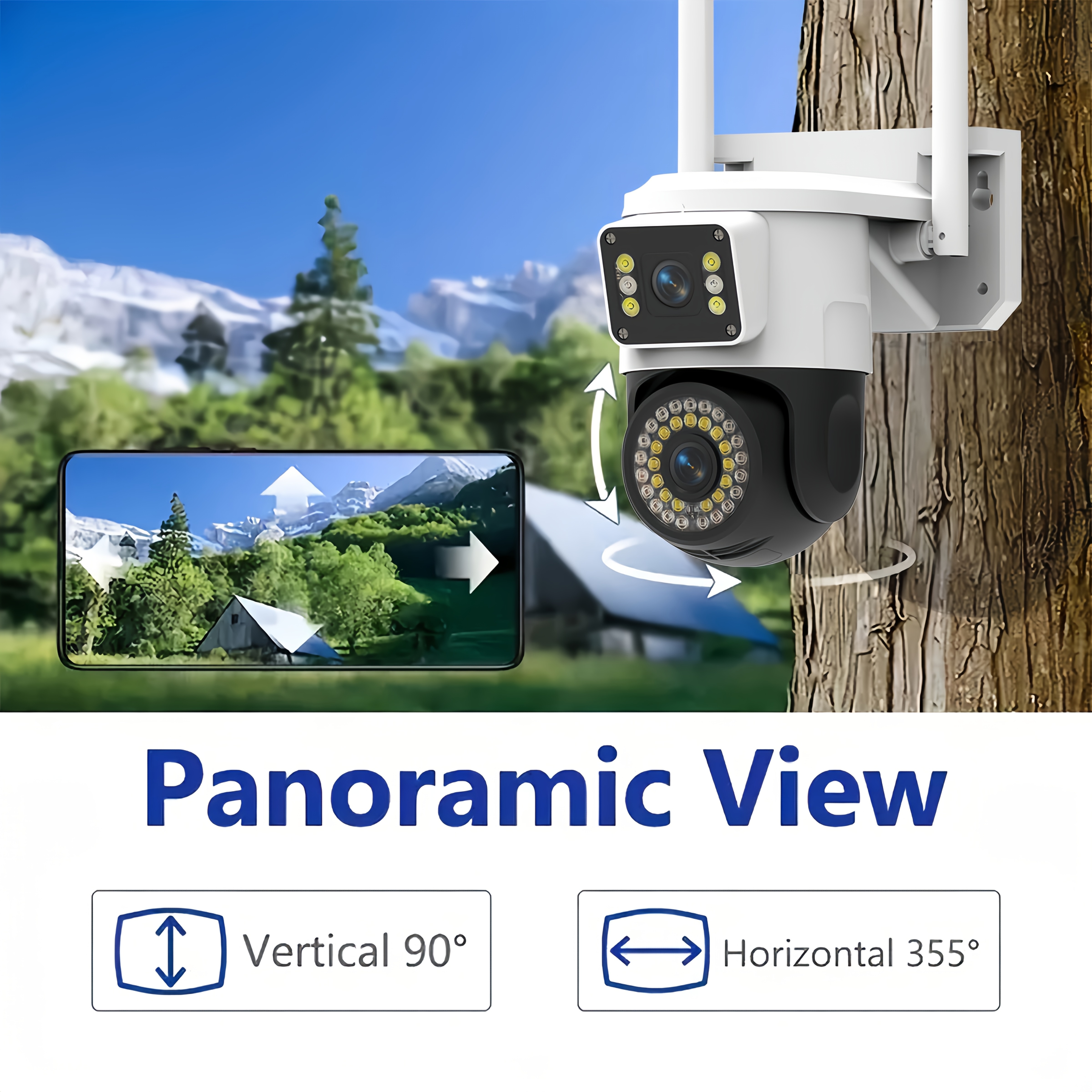 4mp outdoor security camera with dual lens pan-tilt (355° ptz) & tracking, audio, smart wireless wifi, night vision, usb-powered wireless surveillance system, app control, sd/cloud storage for /business cctv camera Product details 2