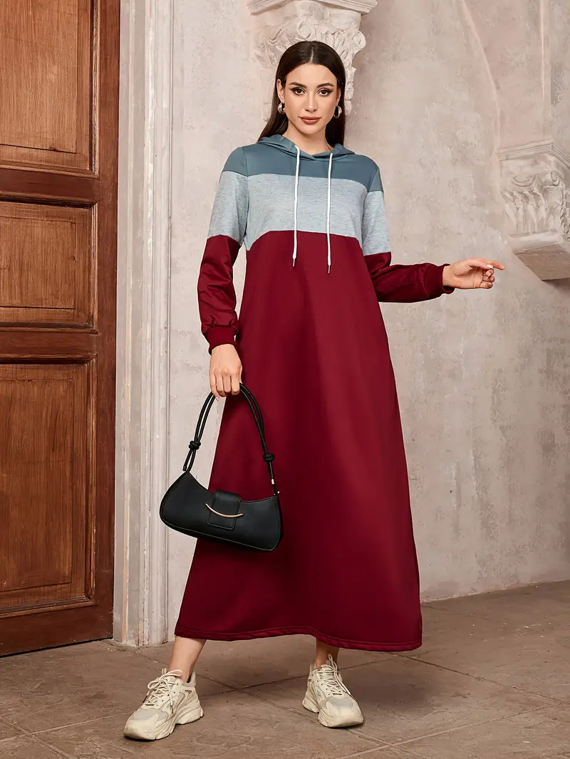 Color Block Hoodie Loose Dress, Casual Long Sleeve Drawstring Dress For Fall Winter, Women's Clothing