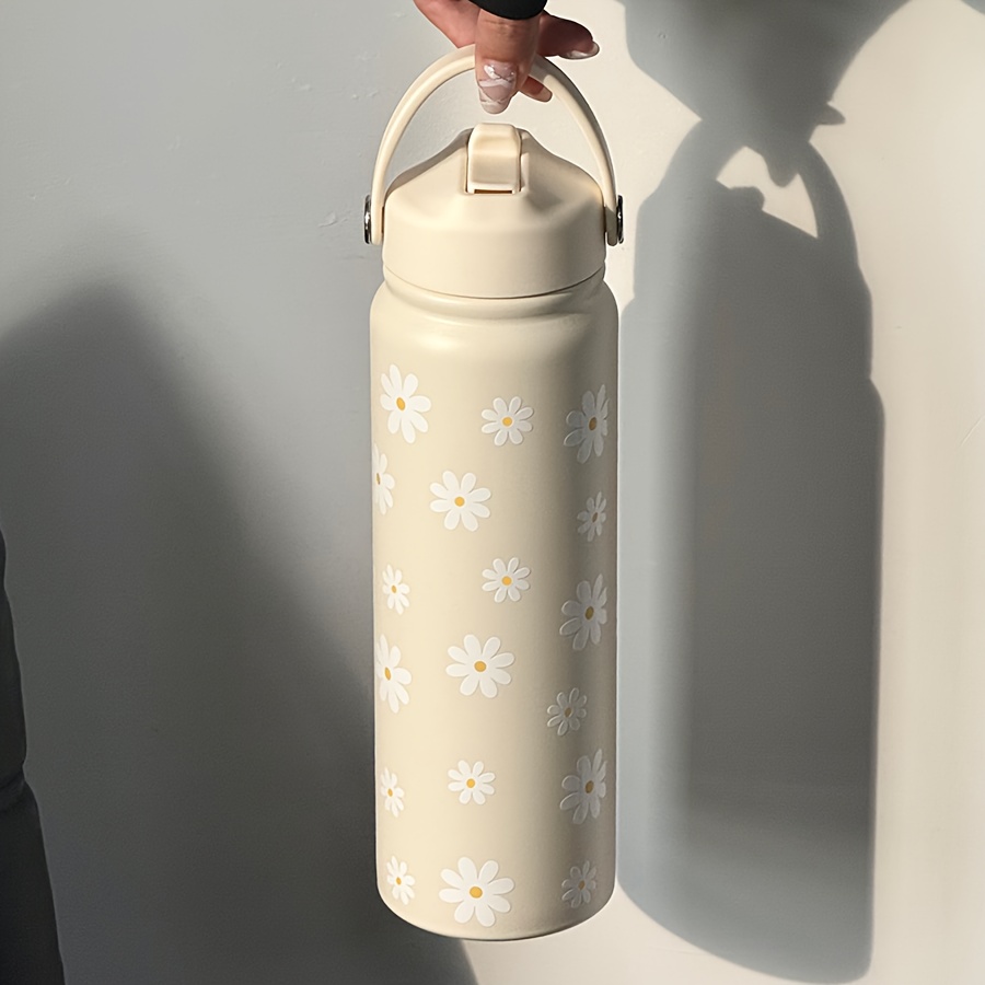 Image of 800ml Cherry & Daisy Print Insulated Water Bottle - 304 Stainless Steel Travel Mug With Portable Handle And - Perfect Gift For , Family, Girlfriend, And Sisters - Ideal For Drinks, Back To , Wedding