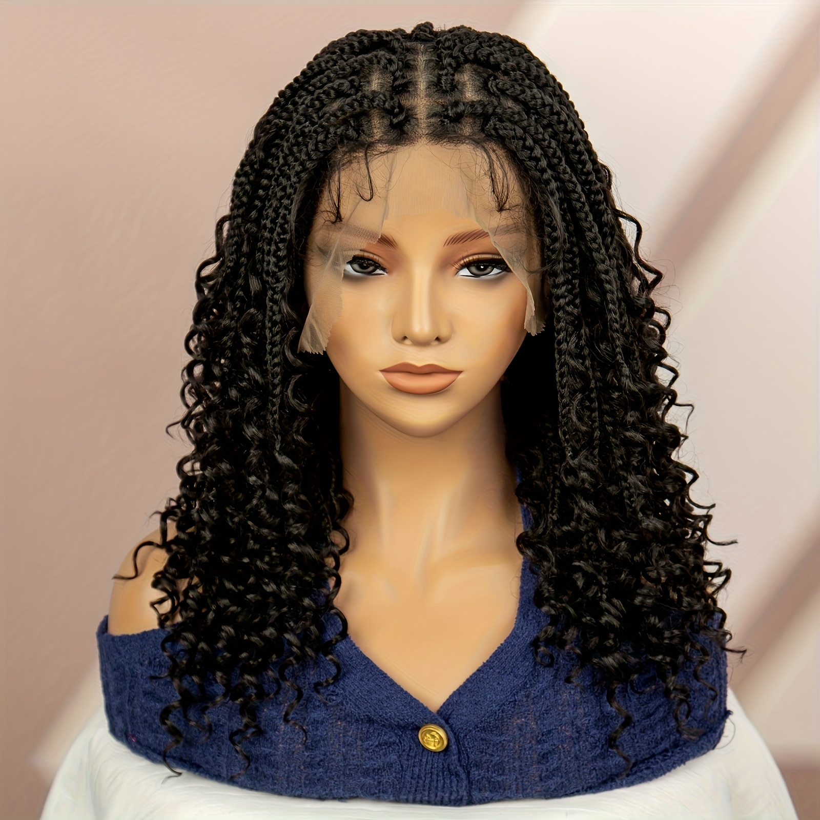 TEMU 16" Short Knotless Box Braided Wig With Curly Tips - Full Lace Density Low-temperature Synthetic Hair, Stylish Fluffy Goddess Wig For Events And Festivals, Halloween Hairpiece