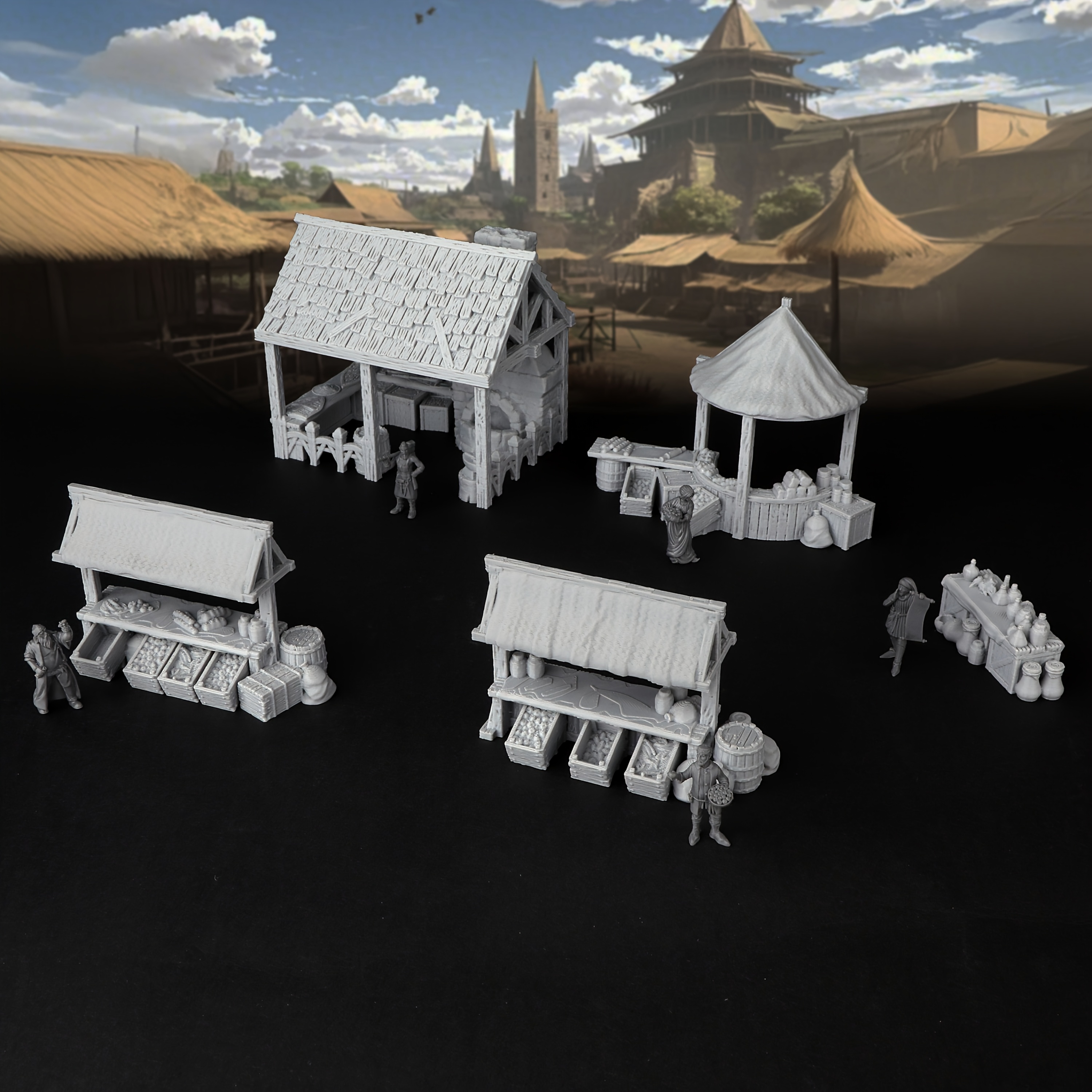 Market Terrain Set - Rpg Additions For Tabletop Role-playing Games | Scene With Stalls And Figures | Perfect Gift For Strategy Rpg Fans