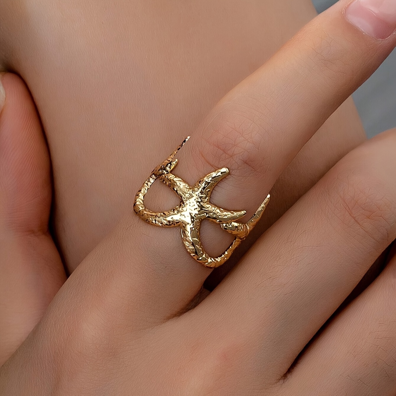 3pcs Golden 3D Starfish Ring Set Shell Open Adjustable Hand Jewelry