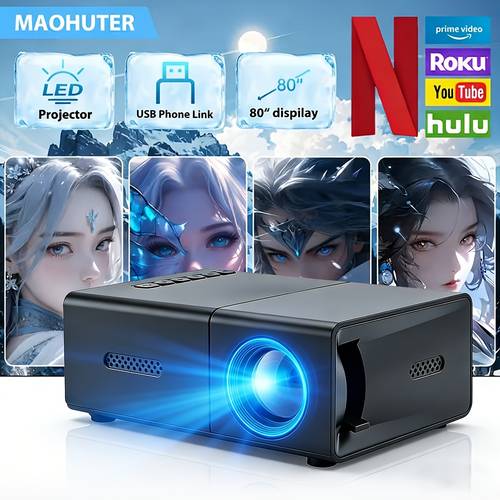 mini projector with a tilt correction feature and can rotate it has a built in speaker and is compatible with usb hd smartphones laptops and tvs