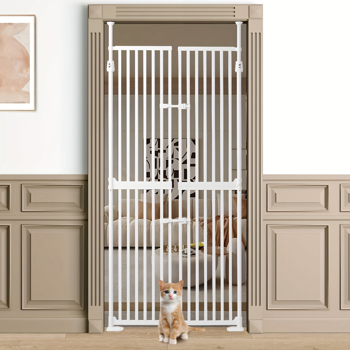 

Ulifemate 71" Extra Tall Cat Gate, 33.86-35.43" Wide Auto Close Cat Safety Gate, 1.34" Extra Narrow Gap, No Drilling Pressure Mount Design, Innovation Double Opening Pet Gate (cream White)