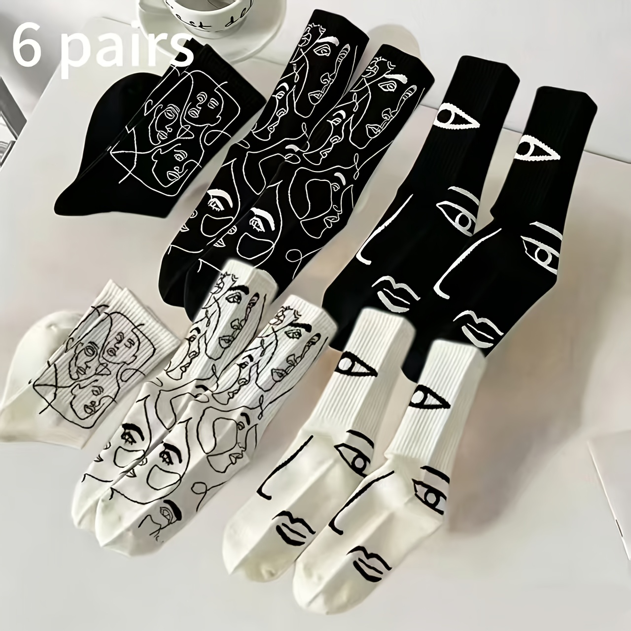 TEMU Black And White Mixed Color - 6-pair Abstract Line Art Face-shaped Ankle Socks, Aesthetic Minimalist Style Socks, Casual Mid-calf Socks Suitable