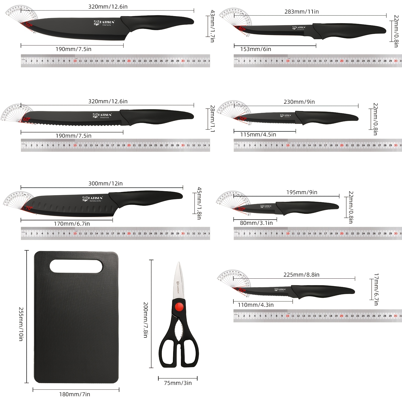 Professional Kitchen Knife Set, 15 pcs Black-Coded With Black Wooden Block, Non-Slip ABS Handle Chef's Knife Plastic Cutting Board And Kitchen Shears, Ideal For Home And Restaurant Use, The Perfect Gift For Thanksgiving Christmas And New Year