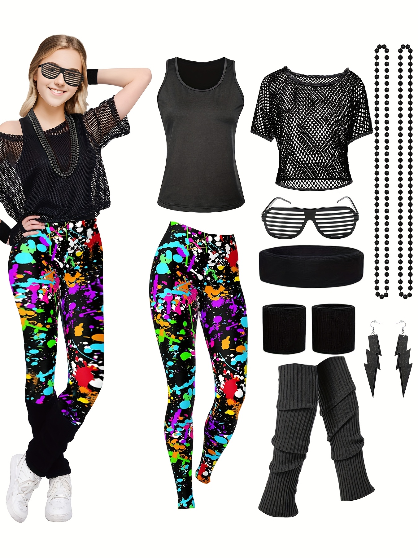 90s 80s Women'S Costume, Aerobic 80s Women'S Outfit, Featuring a Mesh Shirt, a Classic Off-Shoulder Mesh Shirt, 80s Women'S Carnival Attire, Neon 80s Accessories, And Themed Party Wear.