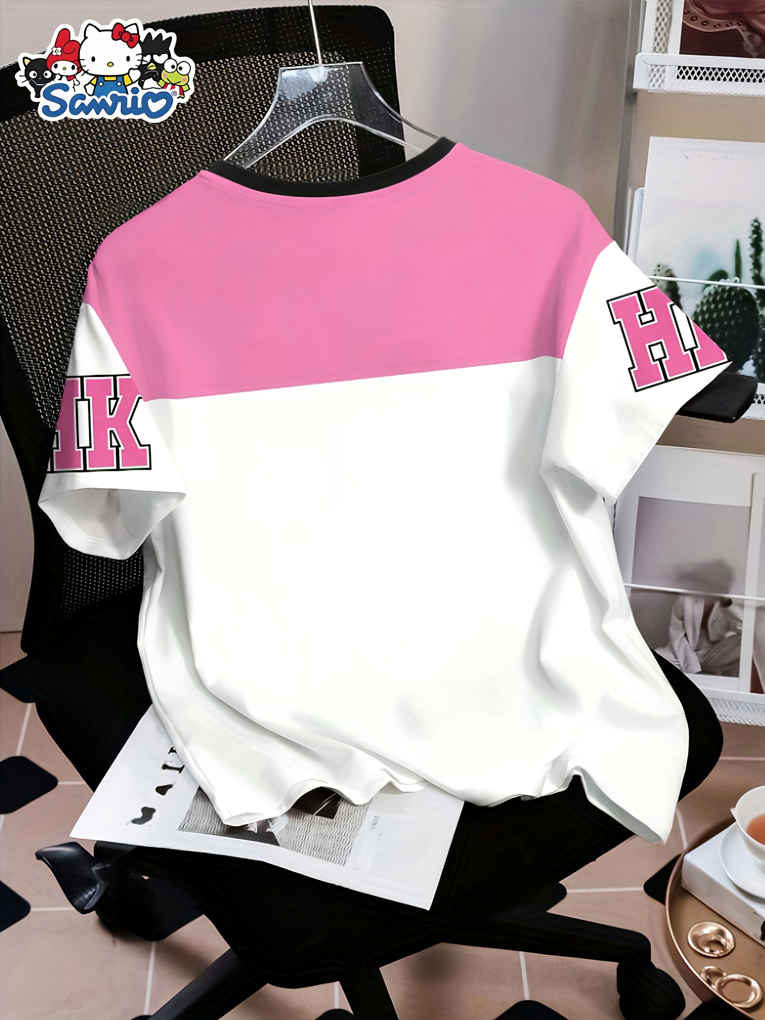       wear kids round neck short sleeve t shirt pink and white   hk letter design short sleeve   print top knit stretch fabric breathable and comfortable all match