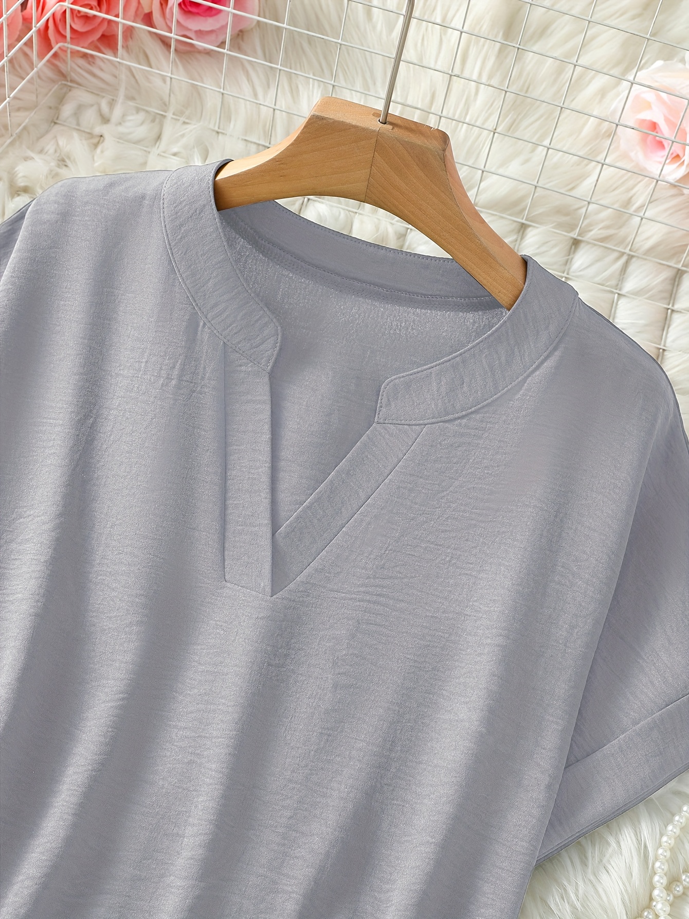 womens v neck drop shoulder sleeve solid color loose short sleeve shirt details 3