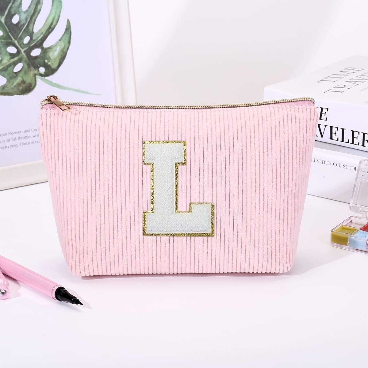 TEMU Large Capacity Initials A- Bag Suitable For Women &, Embroidered Monogram Cosmetic With Initial Letter Chart, Travel School Supplies, Gift For,