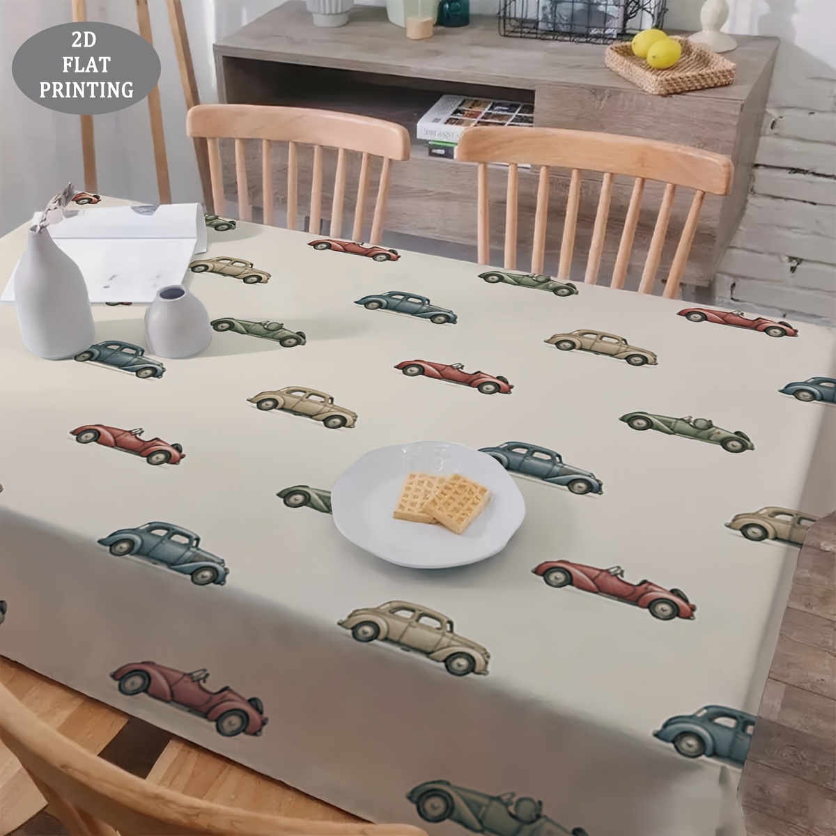 2d plat, 1  , tafelkleed, decoratief vierkant tafelkleed met vintage autopatroon, kerstmis, halloween, cadeau voor familie en vrienden, creëert een unieke sfeer, herbruikbaar, geschikt voor picknicks, feestdiners, feestdagentafeldecoratie, multifunctioneel, 2d plat