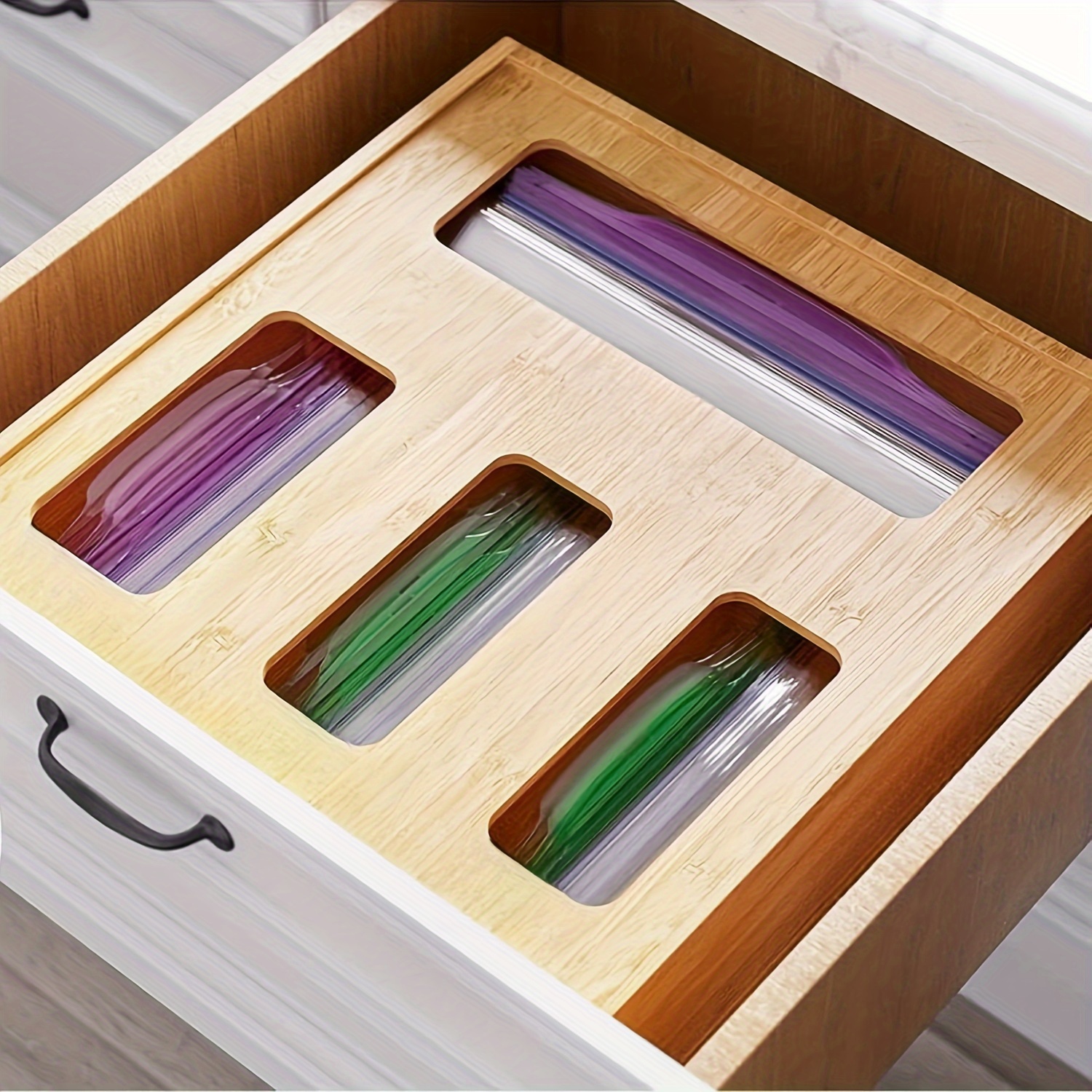 TEMU Bamboo Bag Storage Organizer For Kitchen Drawer, Caddy Style, Fits Gallon, Quart, Sandwich, And Snack Bags Of Sizes