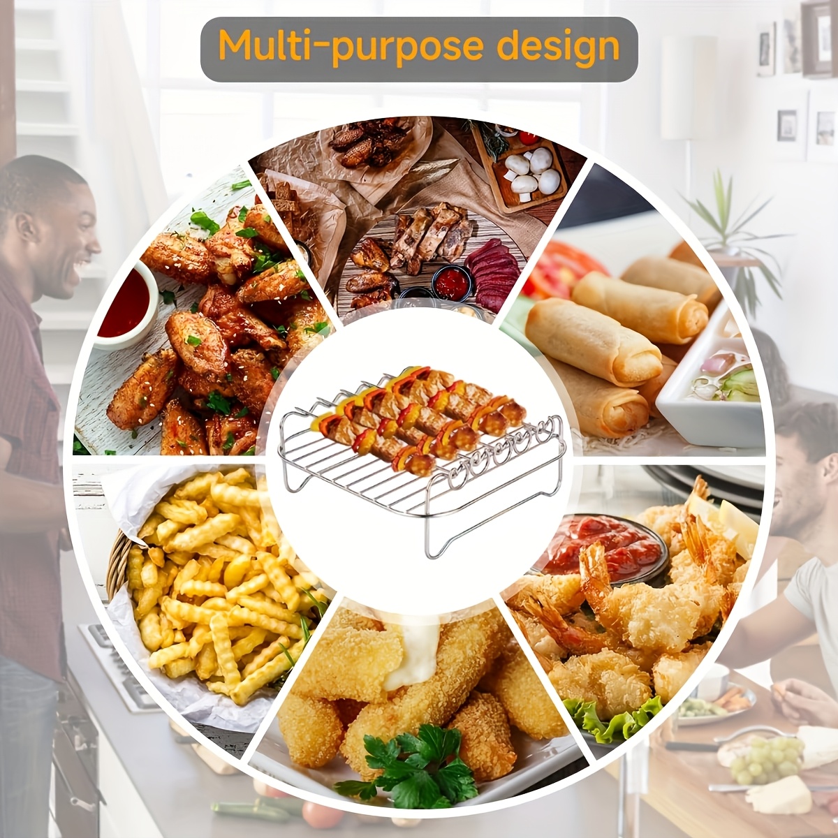 Freidora de Aire Portátil Versátil de Acero Inoxidable 304 con Parrilla y Brochetas - Apilable para Cocina en Horno, Microondas y Freidora de Aire, Ideal para Hornear, Cocer al Vapor y Panear - Regalo Perfecto, Utensilio de Cocina Duradero