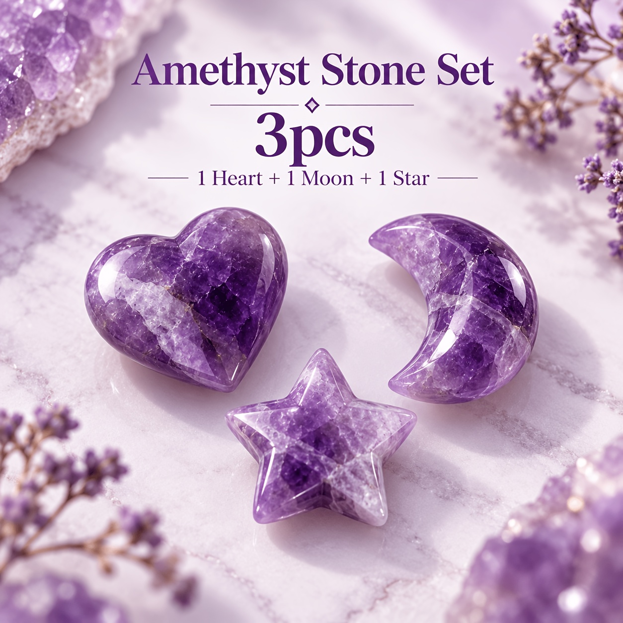 TEMU Ensemble de 3 pièces : Améthyste de cœur, croissant et étoile, mini breloques pour la création de bijoux, la décoration intérieure, l'artisanat
