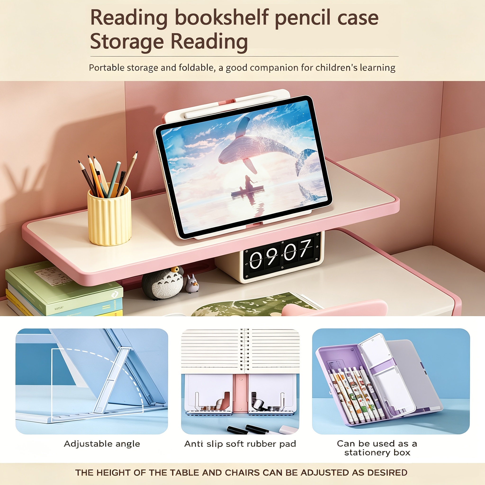 Adjustable Kids Study Desk & Chair Set, Ergonomic Curved Back Spine Protection, Height Adjustable, Wipeable Desktop, Detachable Reading Stand, Eye-Caring LED Lamp, Multiple Colors, Ideal For 3-18 Years Old Kids Home School Study & Daily Use