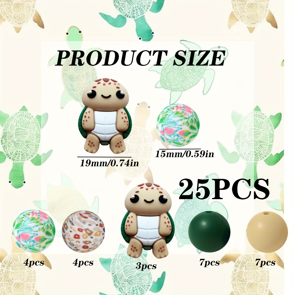 E-shop 25 Stück Silikonperlen Marine Tier Schildkröte Thema Grüne Runde Perlen, für Schmuck Dekoration Zusätze wie Ohrringe, Halskette, Taschenkette,