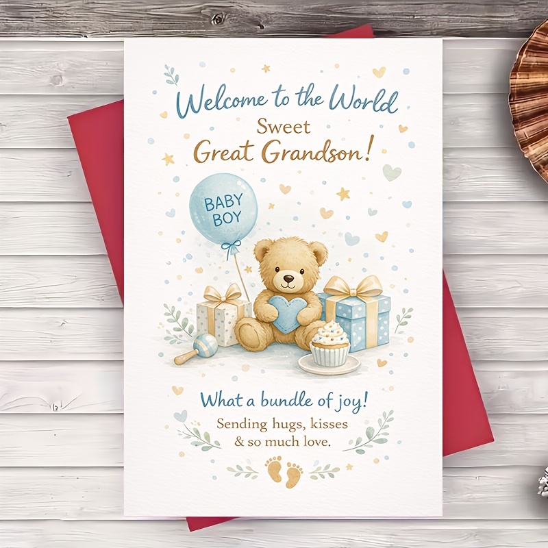 TEMU Single Greeting Card For A New Baby Boy, Designed With A Blue Bear Theme, Perfect For Grandparents To Of Their Great Grandson. Ideal For Baby
