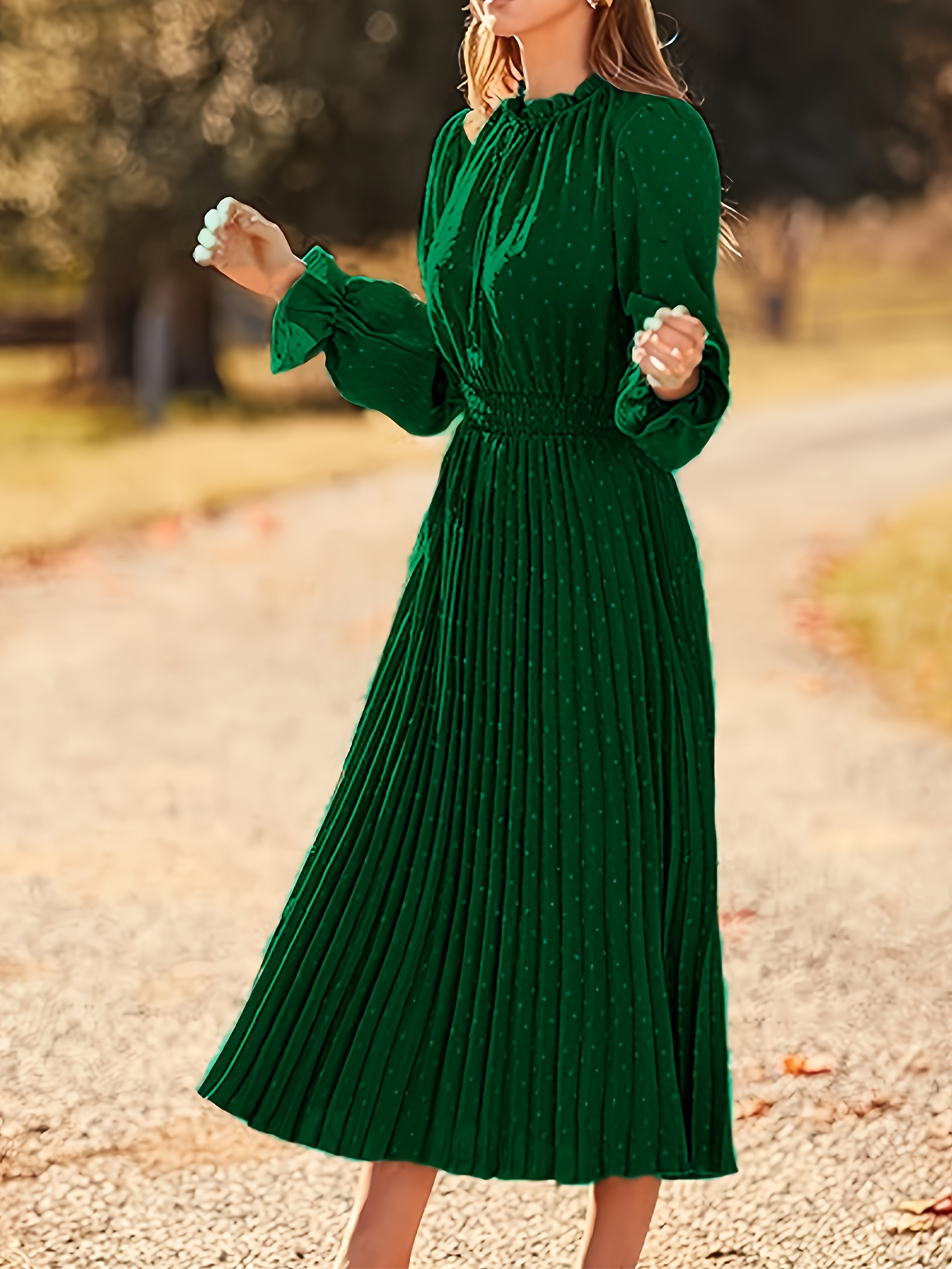 dot mock neck dress elegant long sleeve pleated dress - Temu