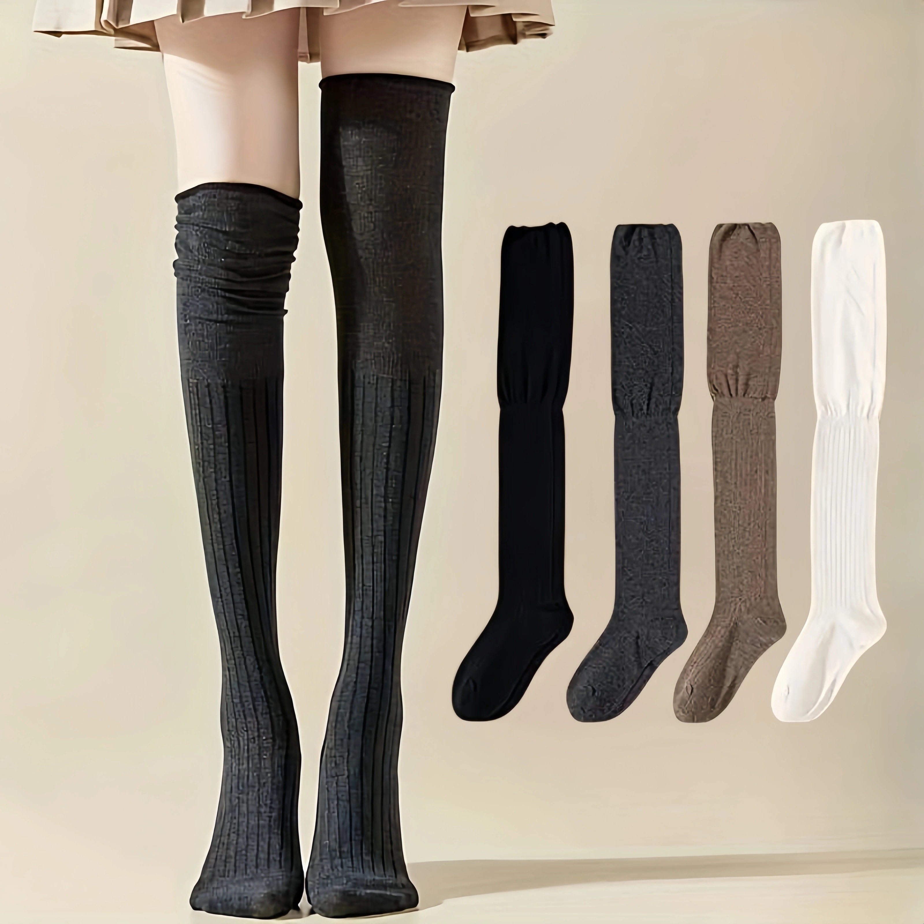 

4pairs Over-the-knee Socks, Calf Plain And Winter Splicing Women's Long Socks, Autumn And Winter Long Tube Versatile Jk Pile Socks, Women's Socks