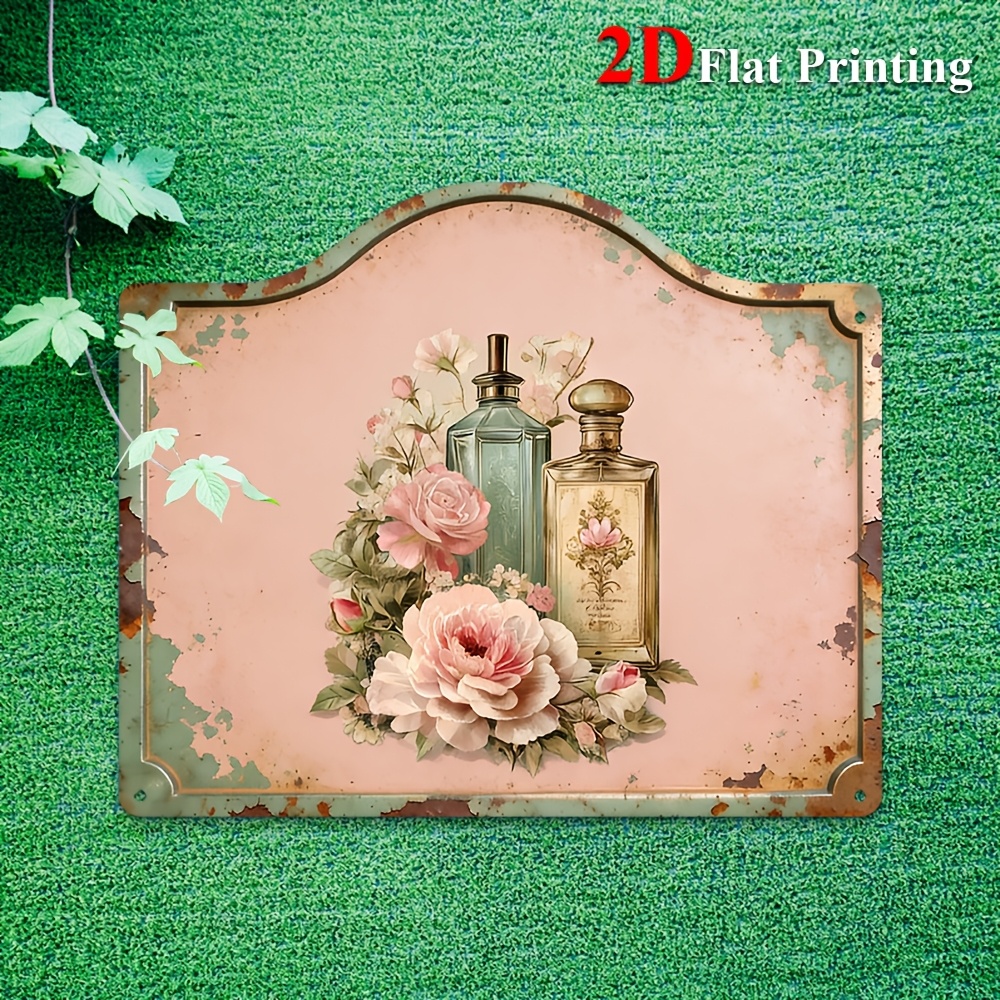 TEMU 2d Flat - 1pc, 2d Flat, Signs Made Of Metal Featuring Artwork Of Vintage Perfume Bottles And Roses, Suitable For Shabby Chic, Farmhouse, And